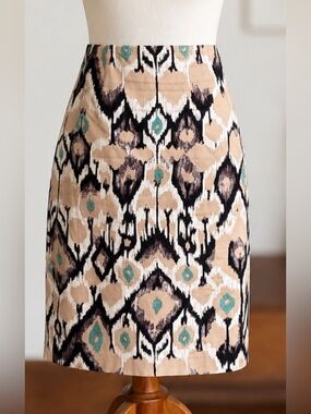 Tahari Abstract Ikat Print Pencil Skirt Beige Black Teal